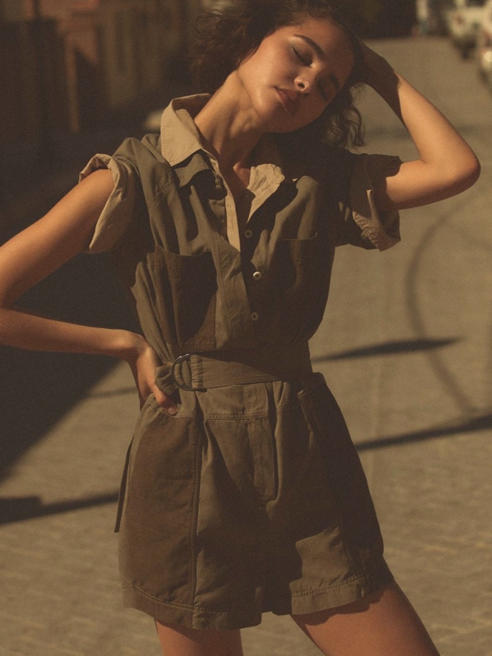 Madewell Romper‎ womens Size 6 army green patch pockets Short sleeves belted